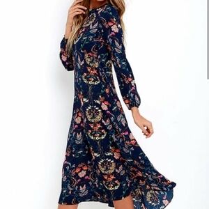 I. Madeline Navy Floral Garden Spplendor  Long Sleeve Dress Size XS
